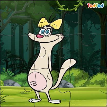 Cartoon character with a yellow bow in a forest setting, featuring the brand 'Todfied'.
