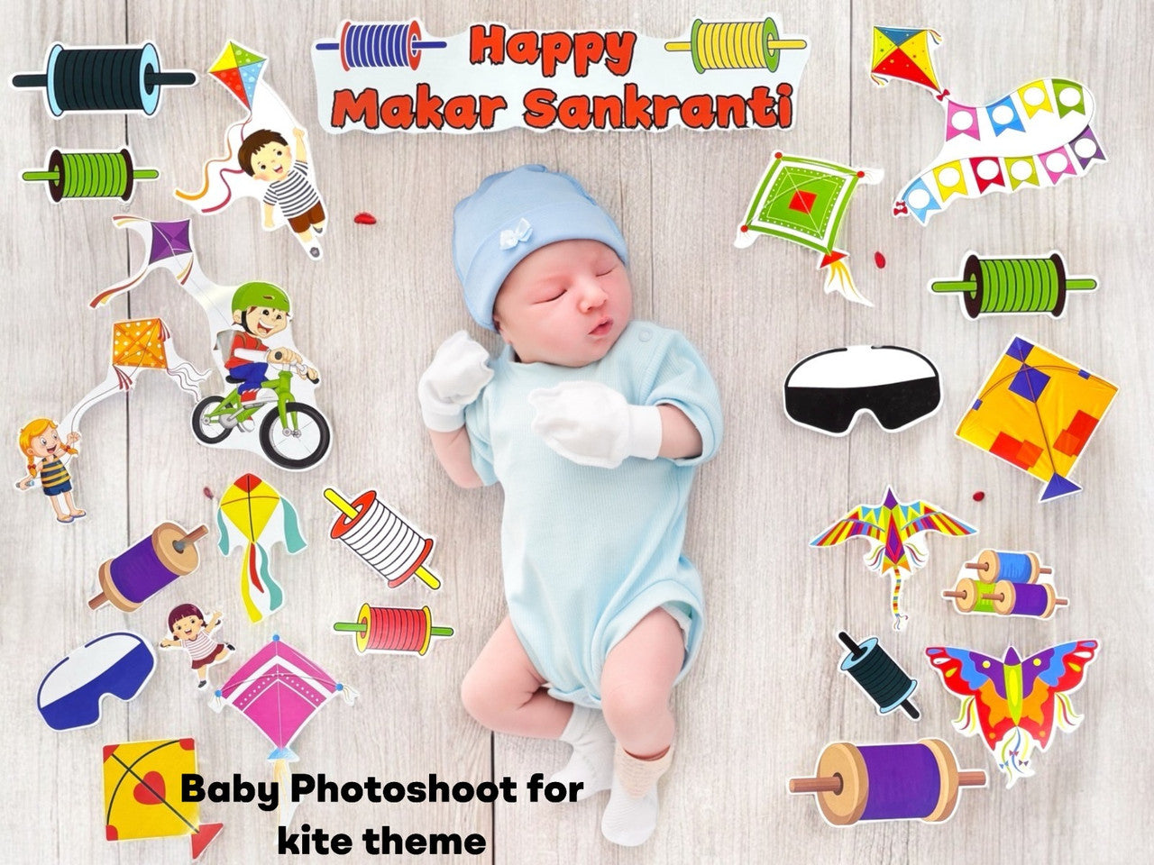 Baby in blue outfit surrounded by colorful kite-themed decorations with 'Happy Makar Sankranti' text.