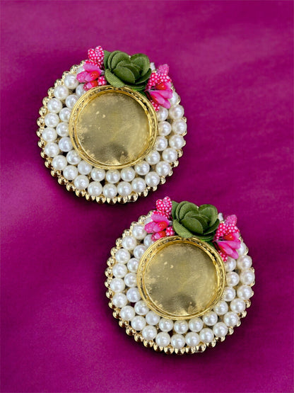 Smaran Handmade Elegant Candle Holder Set of 2 for Festivals, Weddings, Pooja Room & Home Décor, Traditional Indian Decorative Tealight Candle Set (Double Pearl Ring Tealight Holder)
