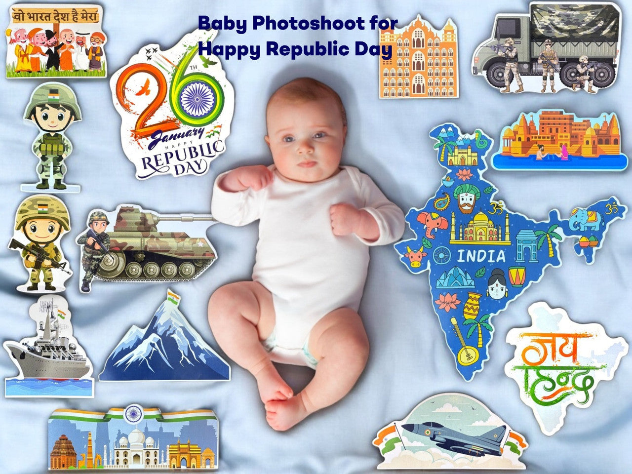 Baby surrounded by decorative items related to India's Republic Day on a blue background