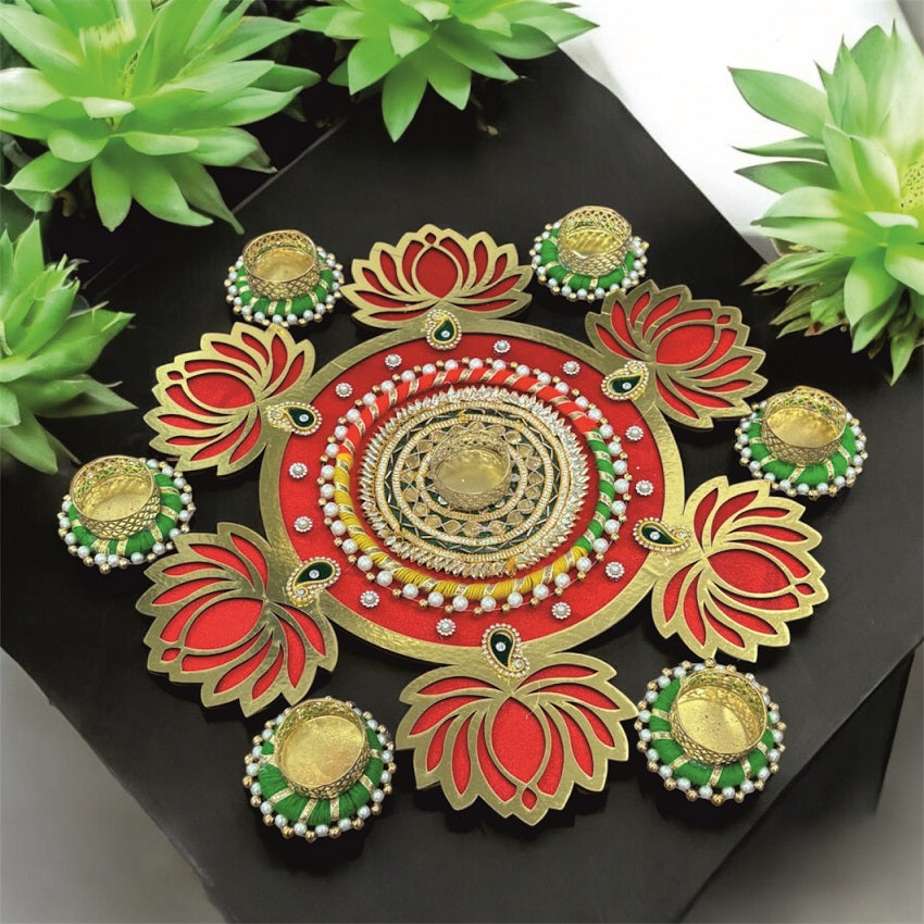Smaran Red Lotus Diya Rangoli Set with Pearl (Moti) Diya Holders – Festive Floor Decor for Diwali & Mandir-Handmade Festive Decor for Pooja & Diwali
