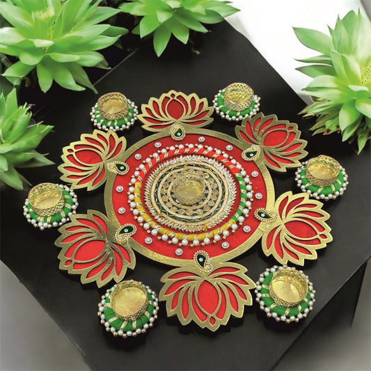 Smaran Red Lotus Diya Rangoli Set with Pearl (Moti) Diya Holders – Festive Floor Decor for Diwali & Mandir-Handmade Festive Decor for Pooja & Diwali