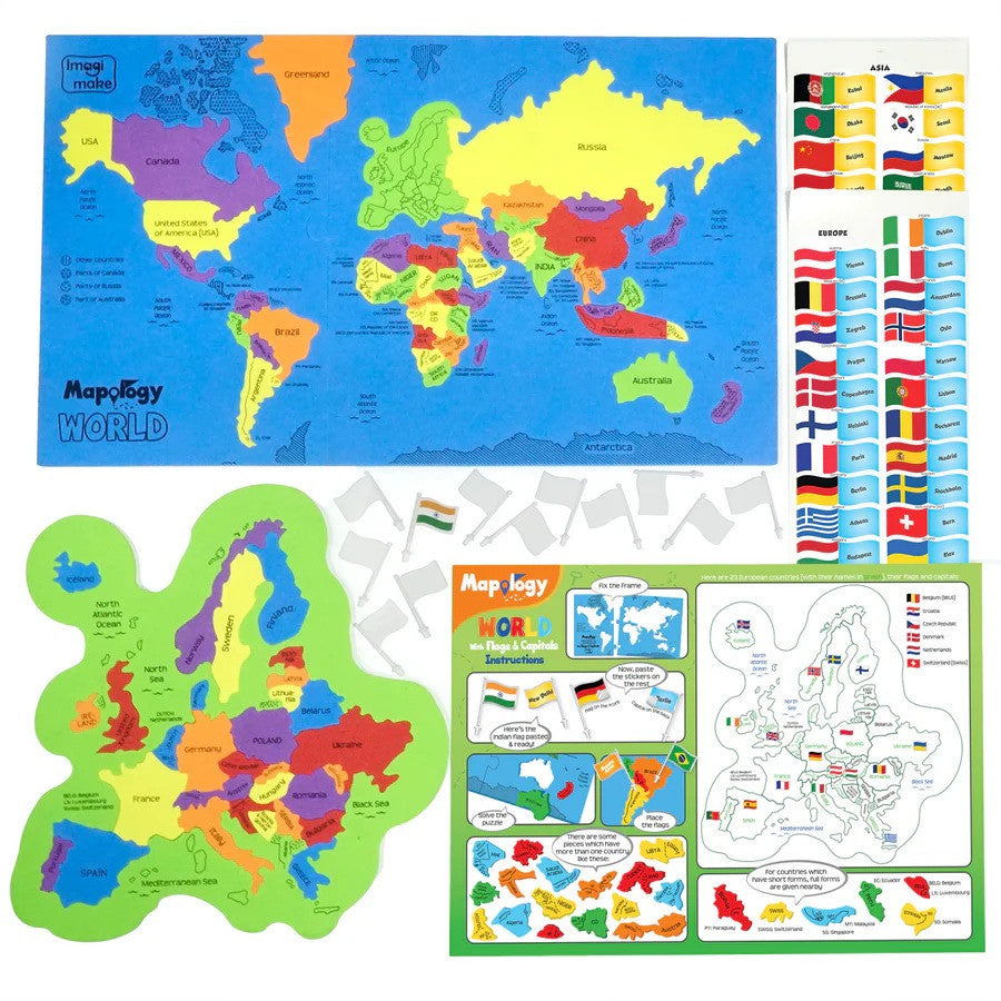 Educational world map set with flags and puzzles on a white background