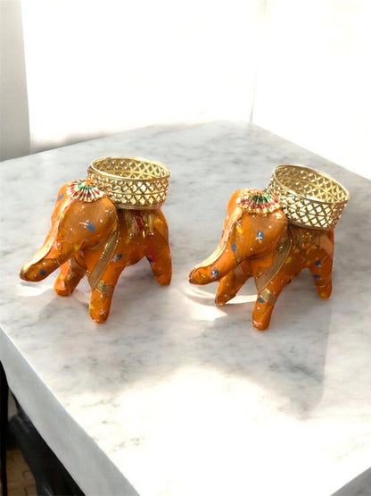 Smaran Collectible India Cotton Elephant Design Tealight Candle Holder, Pack of 2