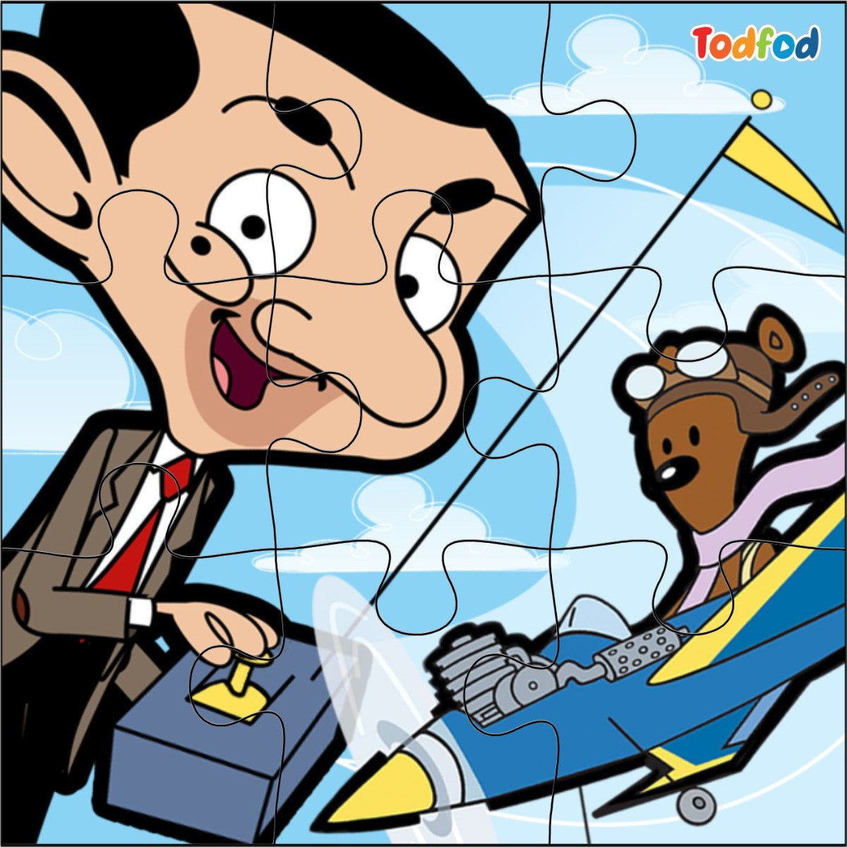 Cartoon character in a suit controlling a toy airplane with a bear pilot, against a blue sky background.