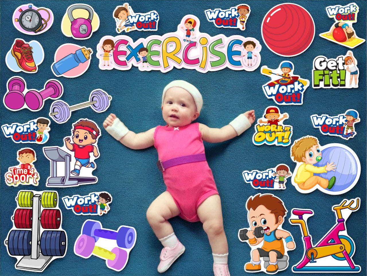 Baby in pink exercise outfit surrounded by fitness-themed stickers and graphics on a blue background
