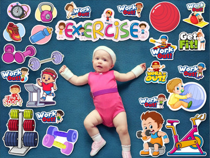 Baby in pink exercise outfit surrounded by fitness-themed stickers and graphics on a blue background