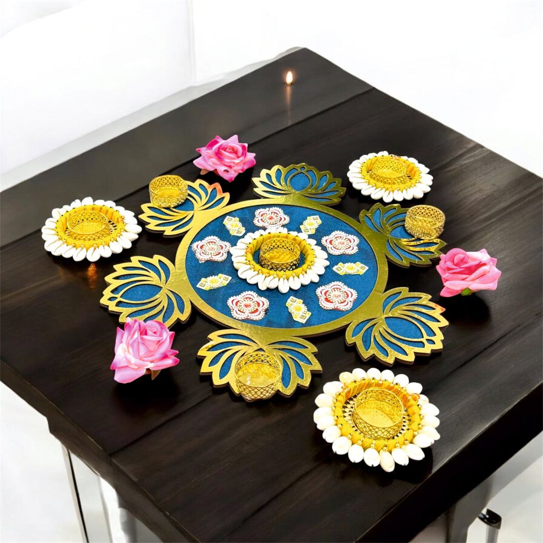 Smaran Handcrafted Blue Lotus Rangoli Set with Cowrie Shell Diya – Traditional Festive Floor Décor for Diwali, Weddings & Pooja Ceremonies (Blue Lotus Rangoli Set)
