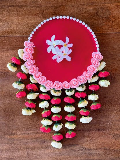 Smaran Cultural Festive Round Pooja Thali – Handmade Red Decorative Platter with Pearl & Rose Embellishments and Hanging Floral Latkan, Traditional Handcrafted Aarti Plate