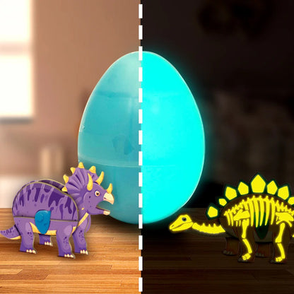 Glowing dinosaur toy inside an egg with a dark background
