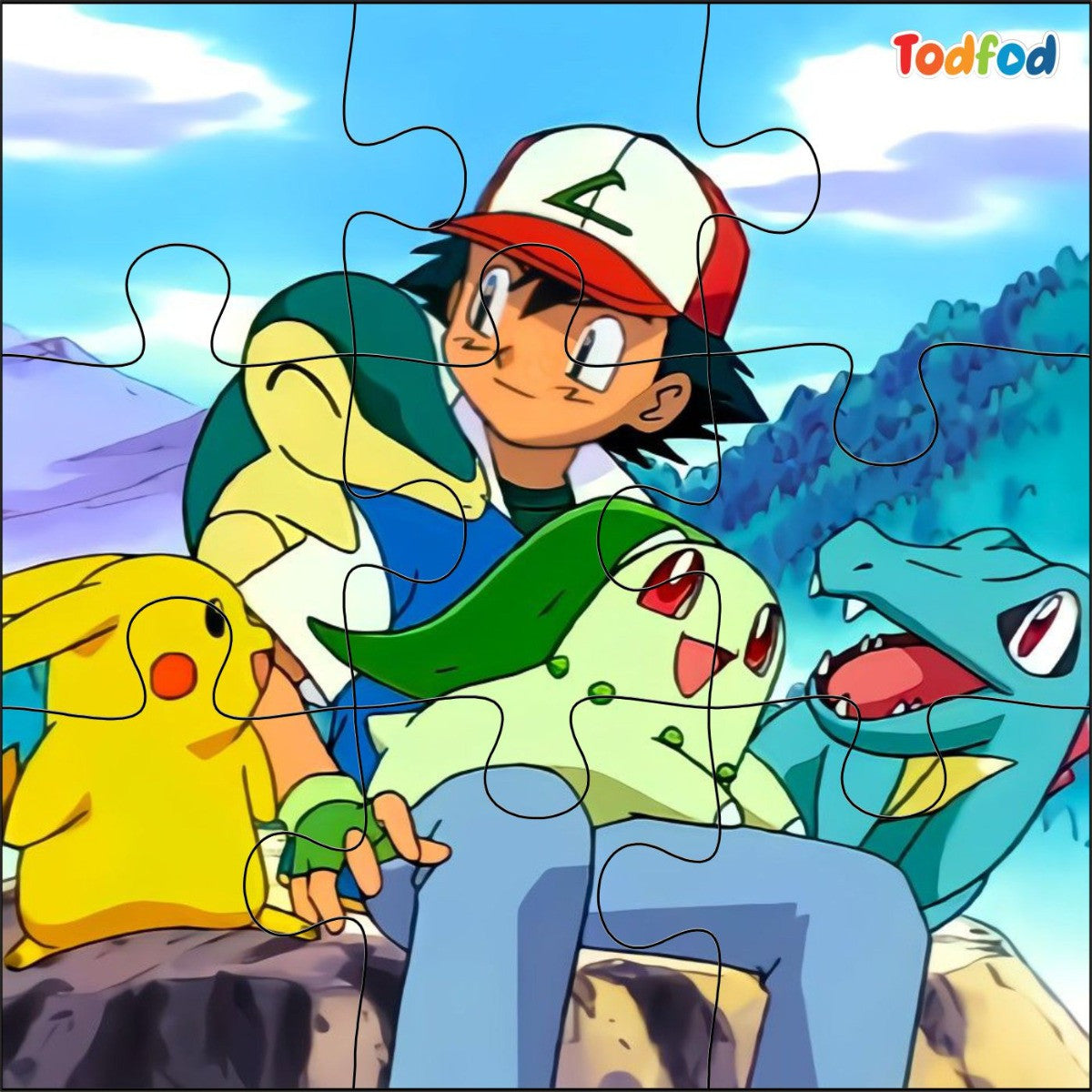 Cartoon character with three creatures in a mountainous landscape, featuring the brand 'Todfod'.