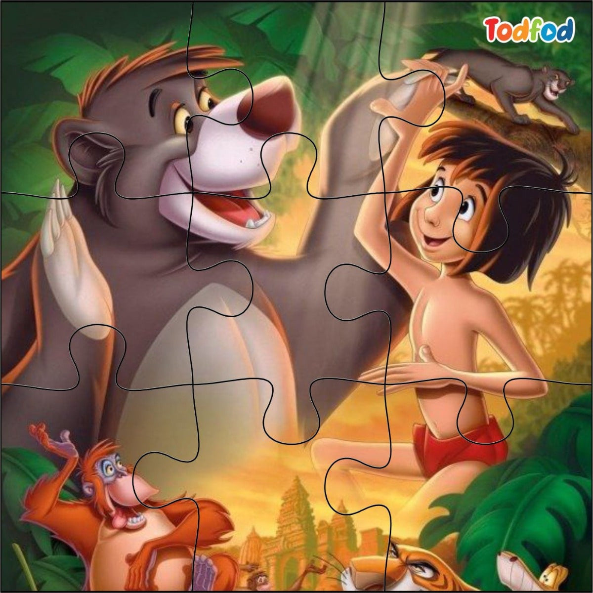 Jigsaw puzzle with cartoon characters from 'The Jungle Book' in a jungle setting.