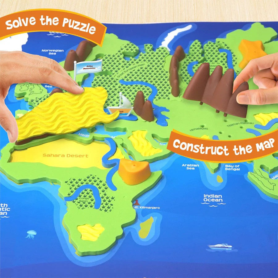 Map puzzle with hands solving it, featuring continents and oceans.
