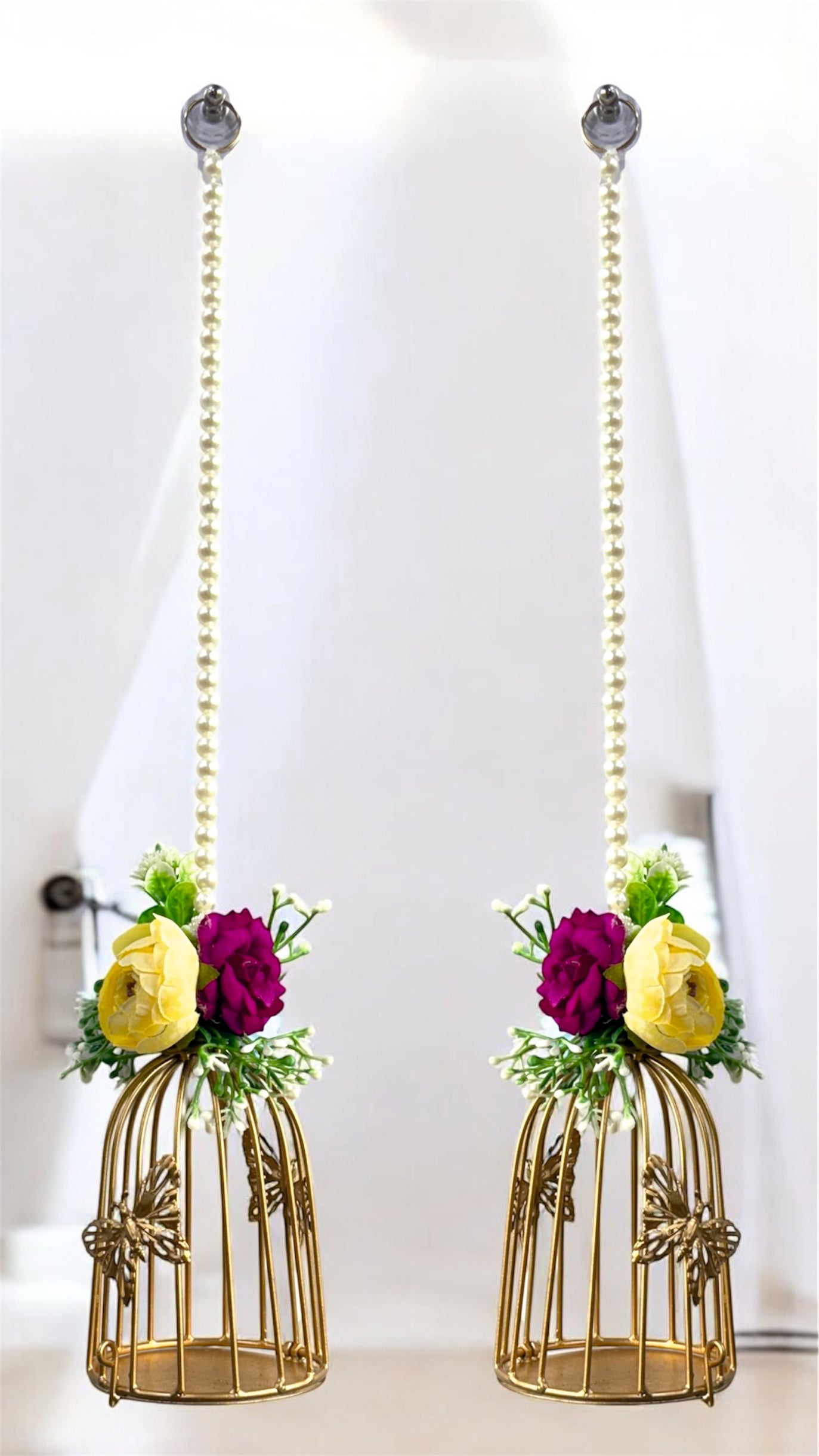 Smaran Cultural Hanging Cage Latkan Pair with Tealight Holders – Handmade Traditional Decorative Hanging with Beads & Embellishments for Home, Main Door, Pooja Room, Mandir