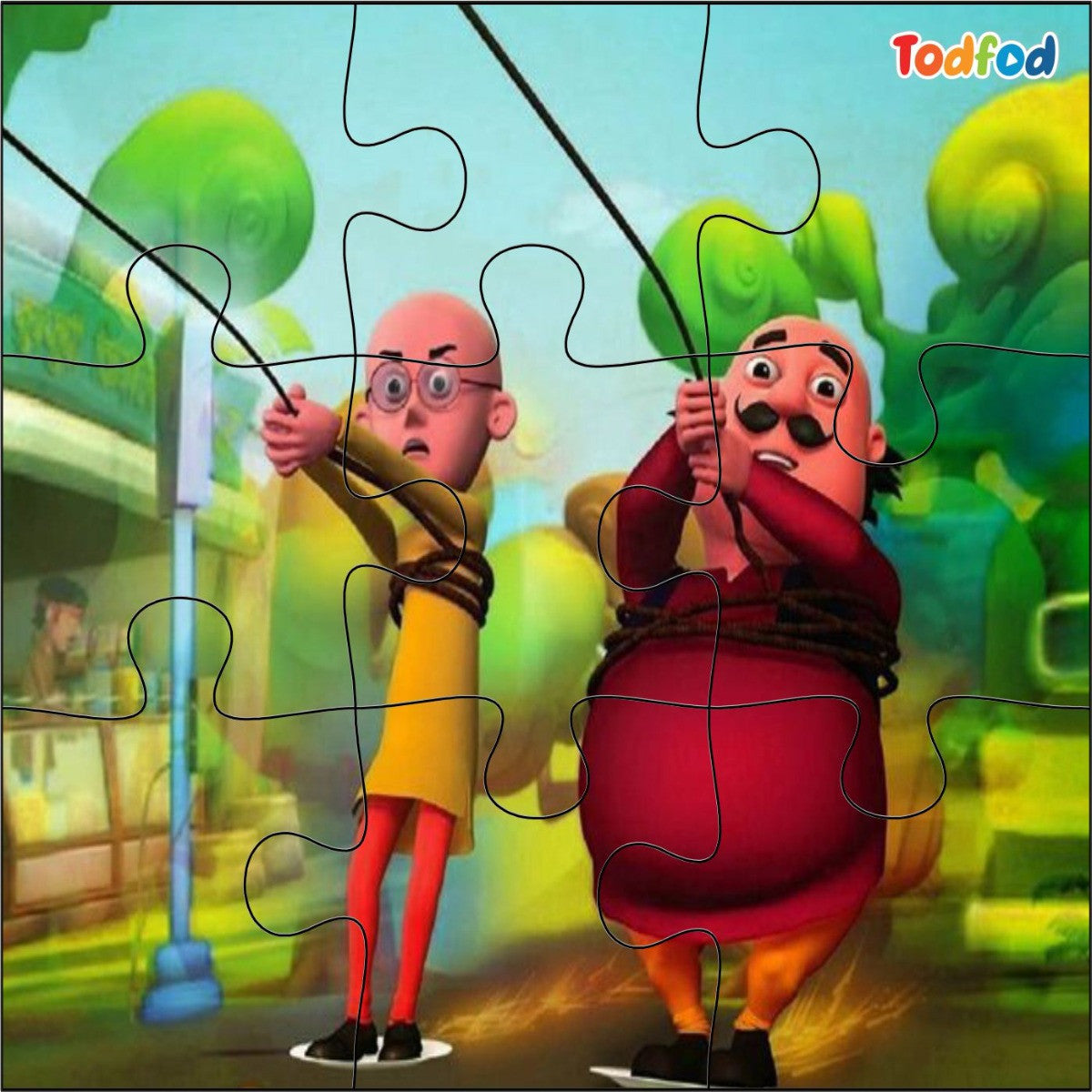 Cartoon characters in a colorful outdoor setting with 'Todfod' branding.