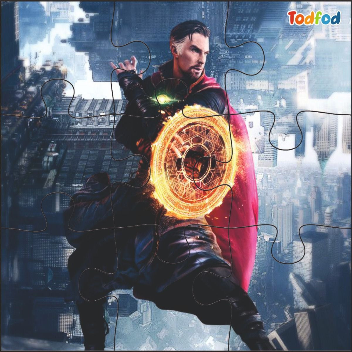 Superhero character with a glowing circular energy weapon against a cityscape background, featuring the brand 'Todfod'.