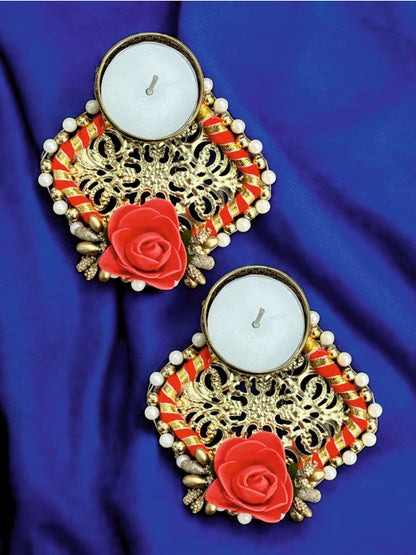 Smaran Handmade Elegant Candle Holder Set of 2 for Festivals, Weddings, Pooja Room & Home Décor, Traditional Indian Decorative Tealight Candle Set (Red Square Tealight Diya Pair with Flower Design)