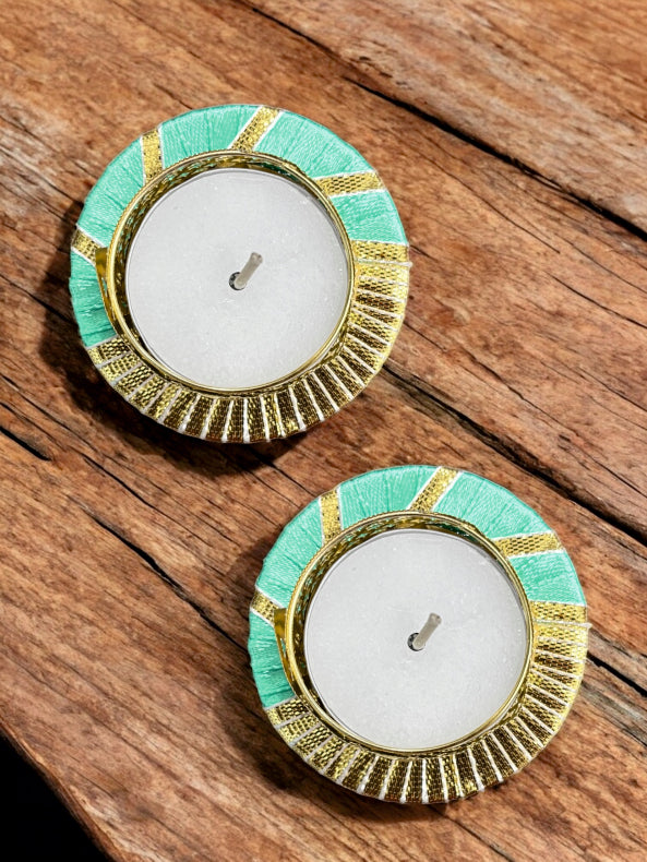 Smaran Handmade Elegant Candle Holder Set of 2 for Festivals, Weddings, Pooja Room & Home Décor, Traditional Indian Decorative Tealight Candle Set (Golden Ring Lace Tealight Holder)