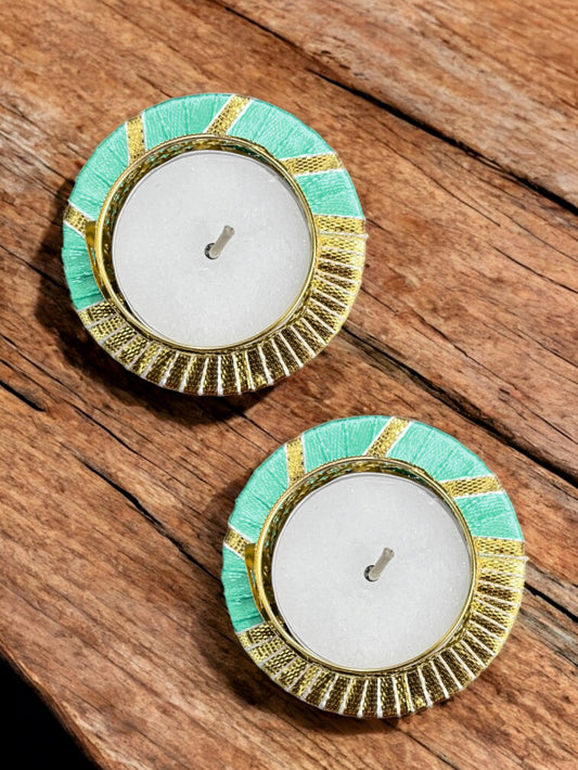 Smaran Handmade Elegant Candle Holder Set of 2 for Festivals, Weddings, Pooja Room & Home Décor, Traditional Indian Decorative Tealight Candle Set (Golden Ring Lace Tealight Holder)