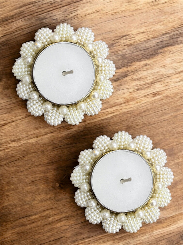 Smaran Large Pearl Tealight Holder Pair – Handmade Elegant Candle Holder Set of 2 for Festivals, Weddings, Pooja Room & Home Décor, Traditional Indian Decorative Tealight Candle Set
