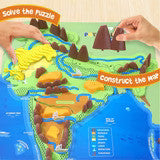 Children's puzzle with map of South America and decorative elements.