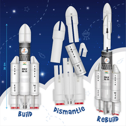 Illustration of a rocket with 'Build', 'Dismantle', and 'Rebuild' options on a space-themed background.