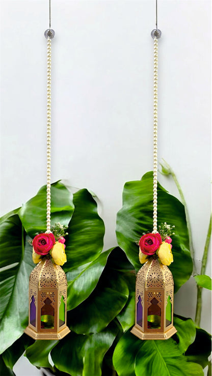 Smaran Cultural Hanging Latkan Pair with Tealight Holders – Handmade Traditional Decorative Hanging with Beads & Embellishments for Home, Main Door, Pooja Room, Mandir