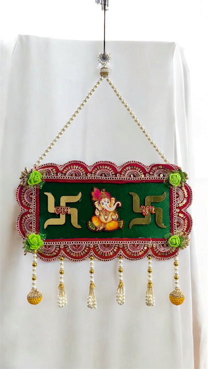 Smaran Cultural Ganesh Swastik Latkan – Handmade Traditional Decorative Hanging with Beads & Embellishments for Main Door, Wall, Pooja Room, Mandir, Festivals, Weddings