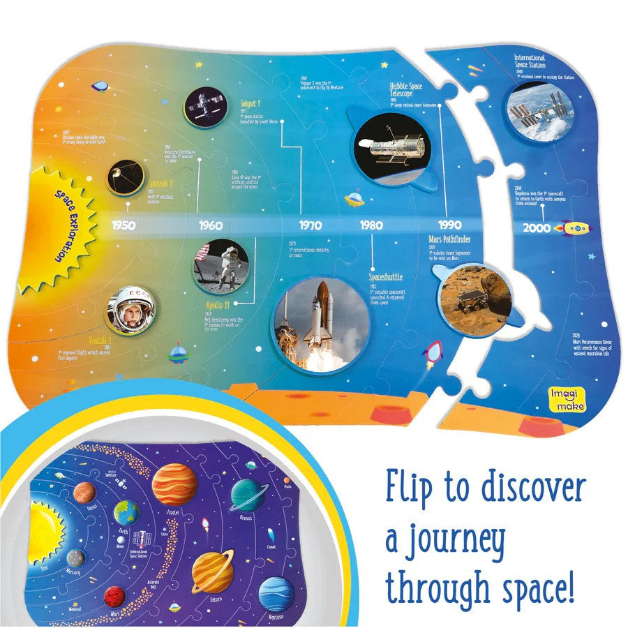 Educational space-themed puzzle with flip sections to reveal information about space exploration.
