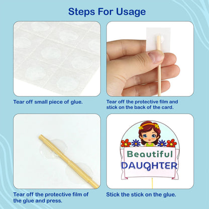 Instructions for using a decorative card with a cartoon character and text on a blue background.