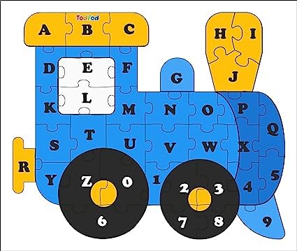 Children's puzzle train with letters and numbers on a white background