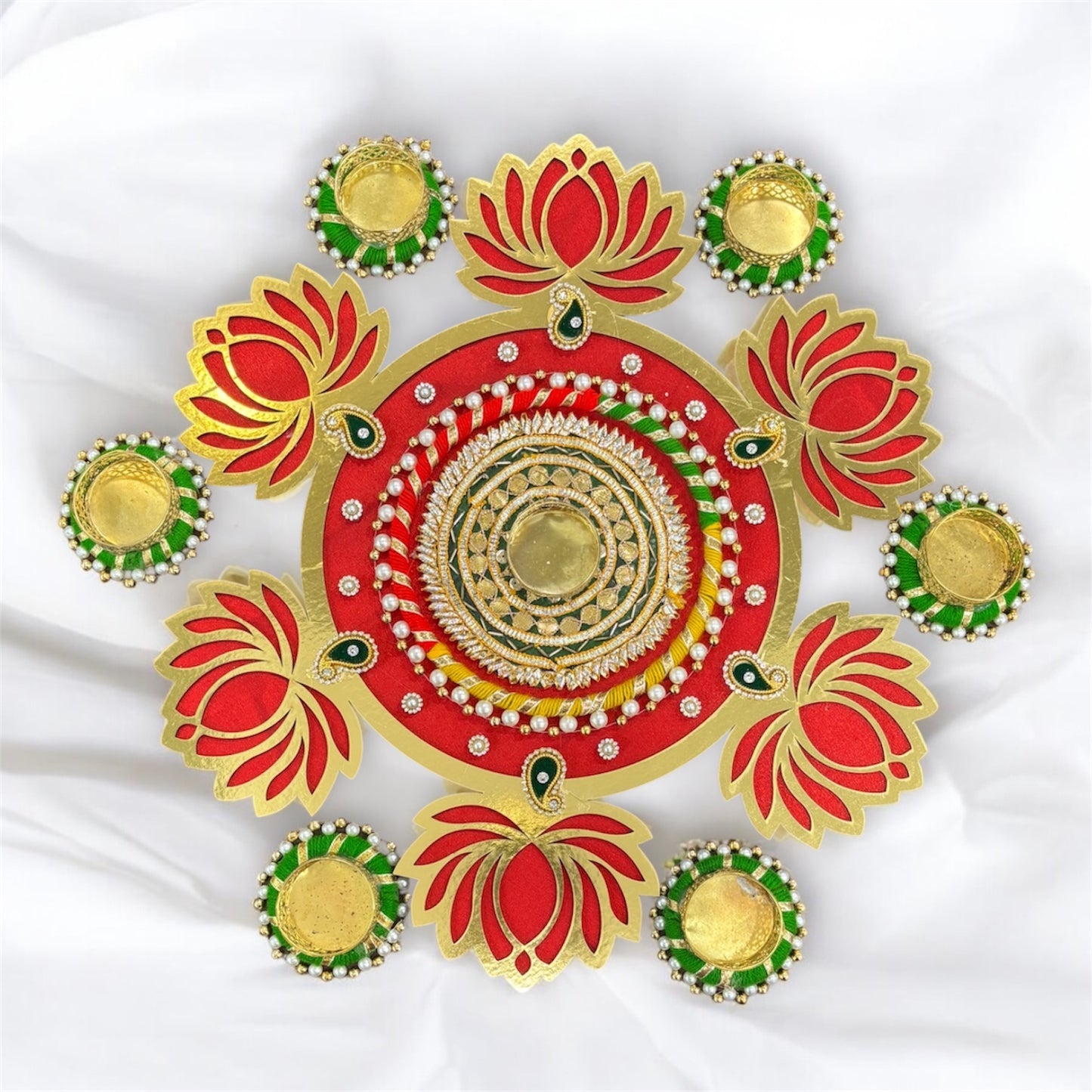 Smaran Red Lotus Diya Rangoli Set with Pearl (Moti) Diya Holders – Festive Floor Decor for Diwali & Mandir-Handmade Festive Decor for Pooja & Diwali