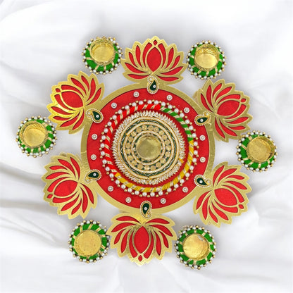 Smaran Red Lotus Diya Rangoli Set with Pearl (Moti) Diya Holders – Festive Floor Decor for Diwali & Mandir-Handmade Festive Decor for Pooja & Diwali
