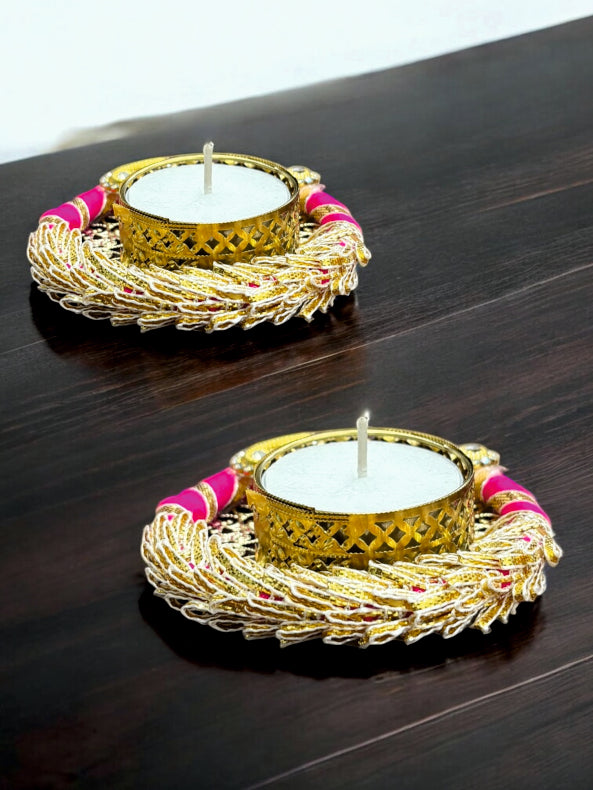 Smaran Handmade Elegant Candle Holder Set of 2 for Festivals, Weddings, Pooja Room & Home Décor, Traditional Indian Decorative Tealight Candle Set (Patch Design Ring Tealight Holder)