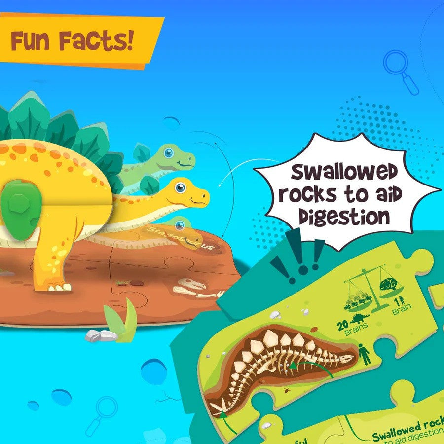 Dinosaur-themed educational puzzle with fun facts about dinosaurs on a blue background