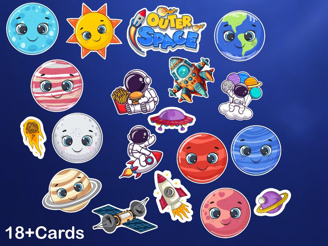 Collection of space-themed stickers on a blue background with 'Outerspace' branding.