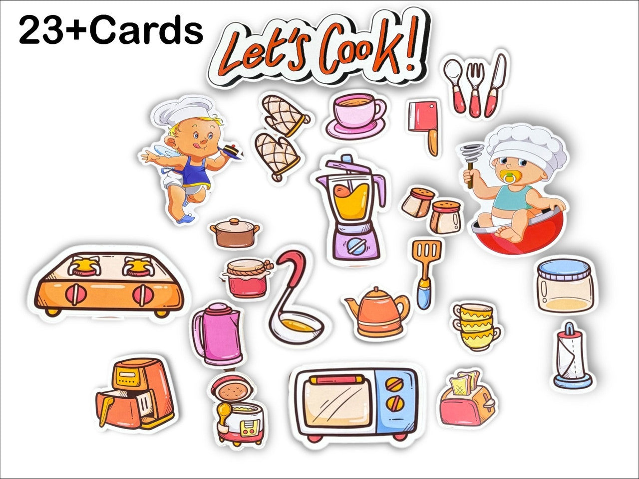 Set of colorful cooking-themed stickers with text 'Let's Cook!' on a white background.