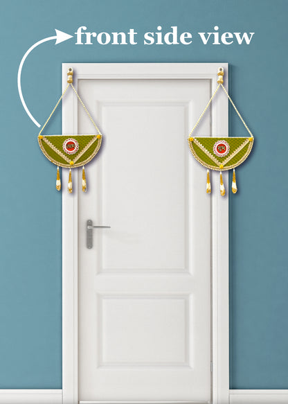 Smaran Half-Moon Shubh Labh Toran with Beads – Handmade Traditional Decorative Hanging with Green & Gold Accents for Main Door, Wall, Pooja Room, Mandir, Festivals, Weddings