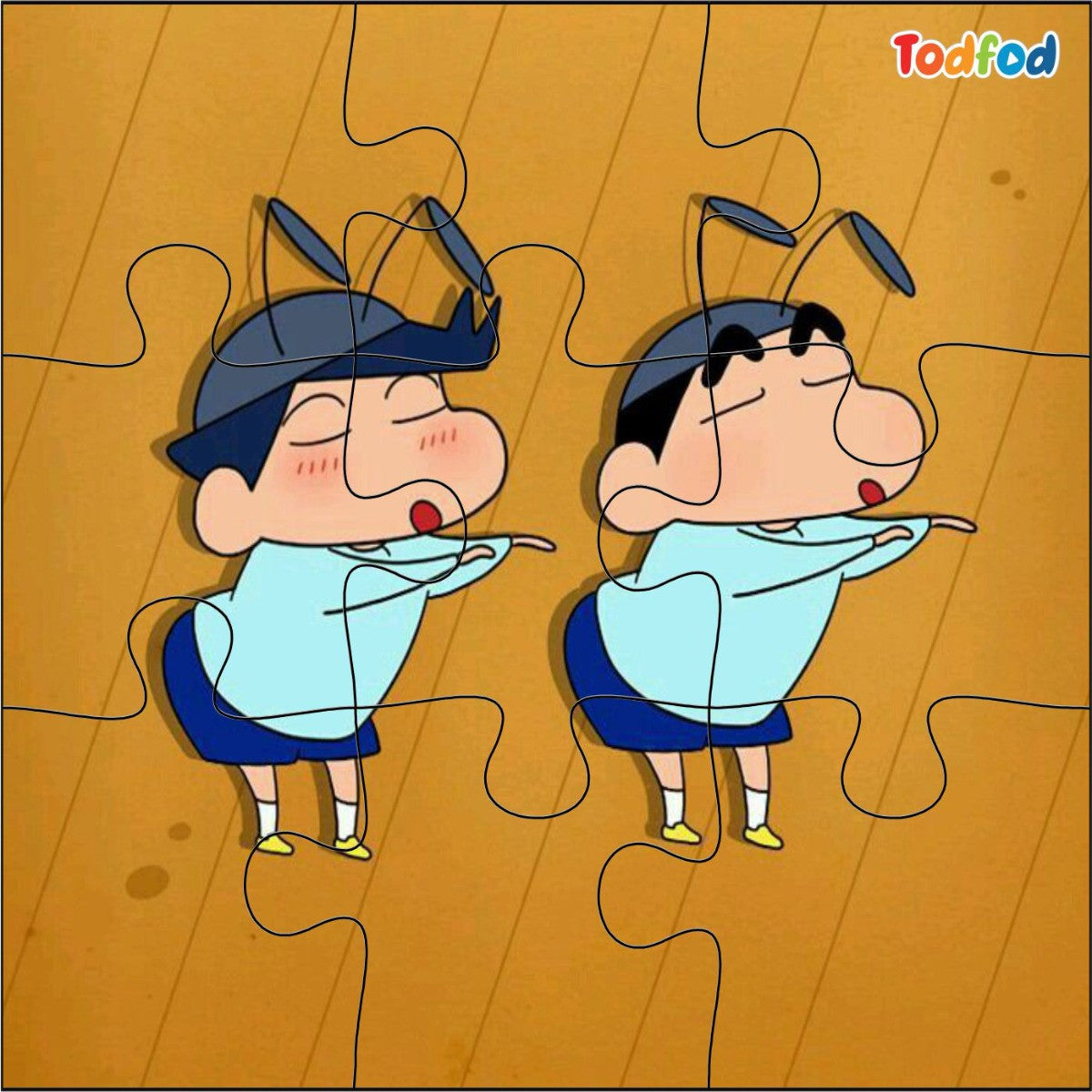 Cartoon character in a puzzle layout with 'Todfod' branding