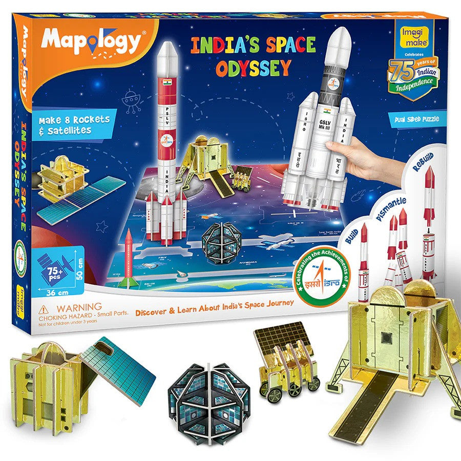 Mapology India's Space Odyssey toy set packaging with rockets and satellites on a white background