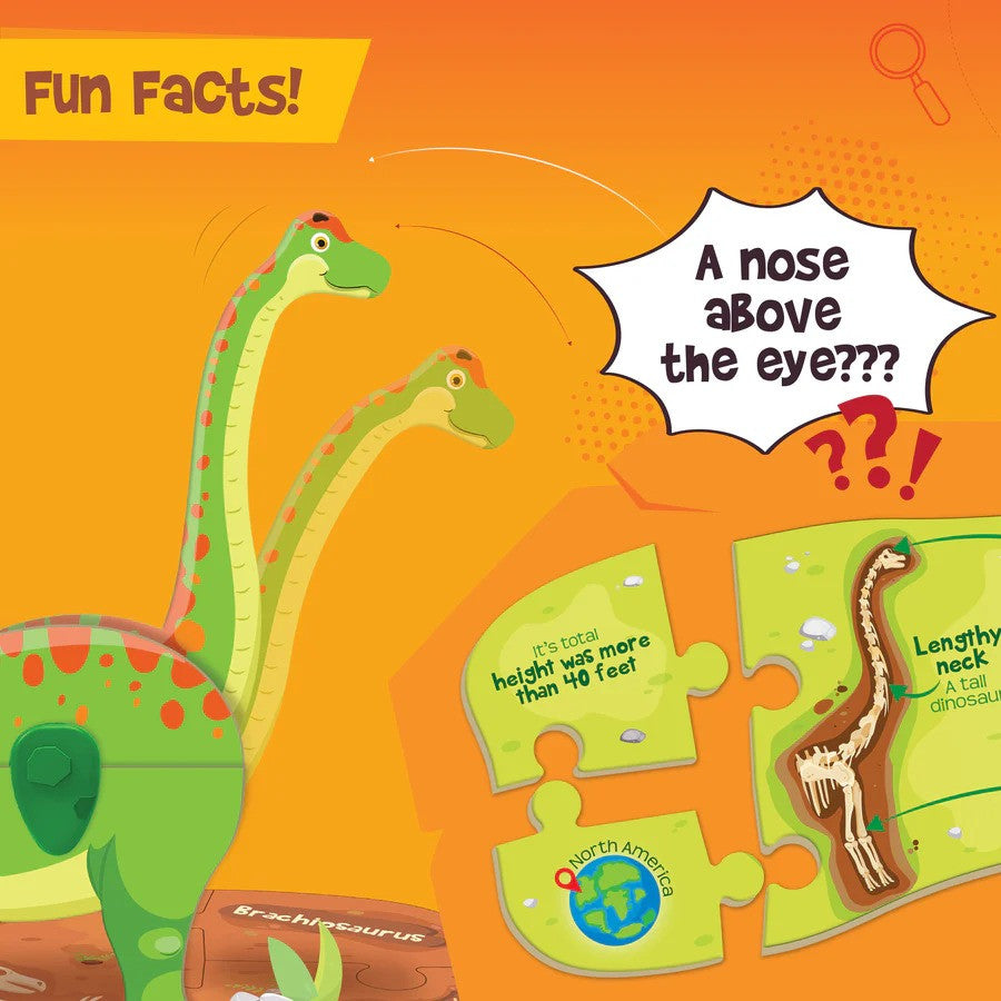 Dinosaur-themed puzzle with educational text on an orange background
