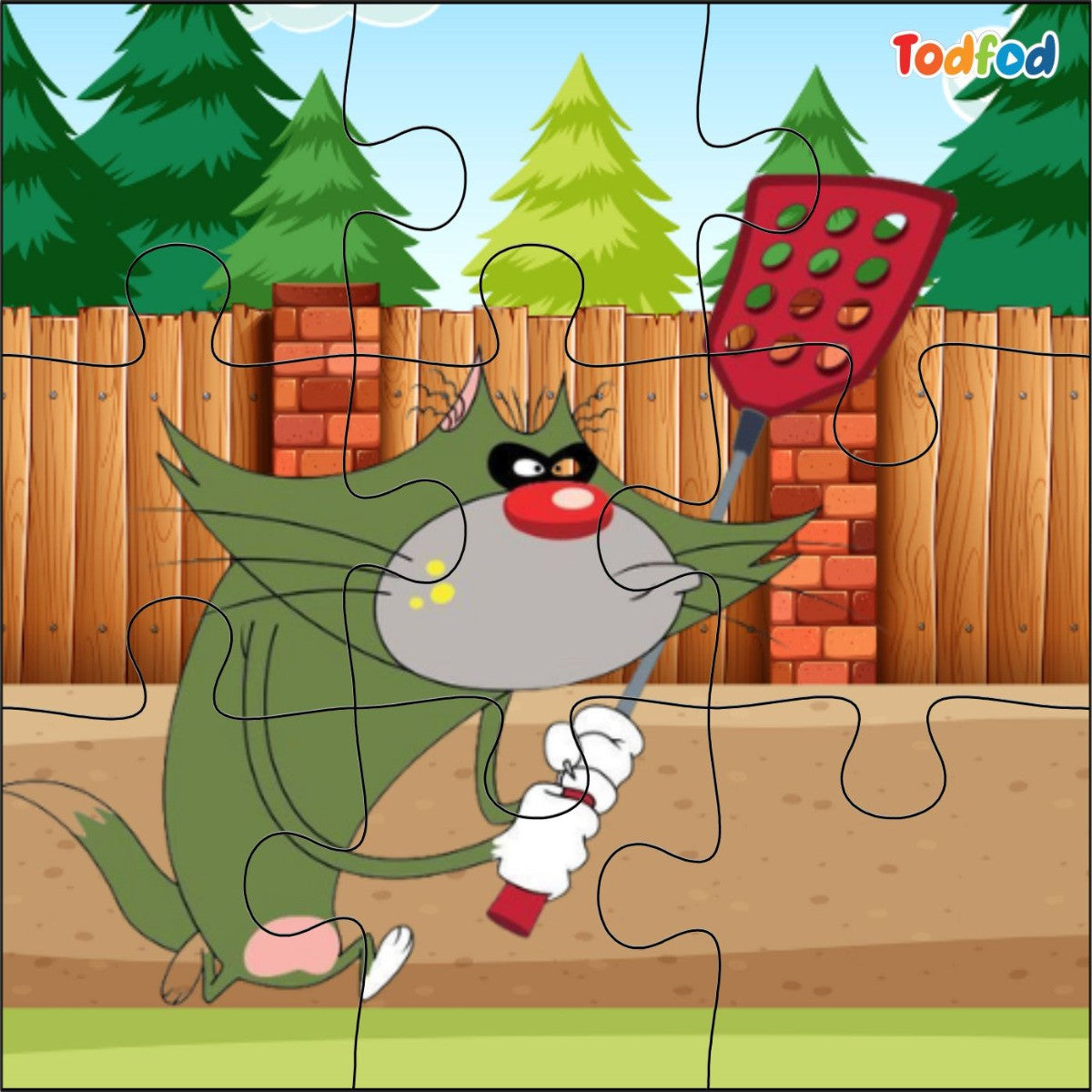 Cartoon cat with a fly swatter in a garden setting, featuring the brand 'Todfod'.