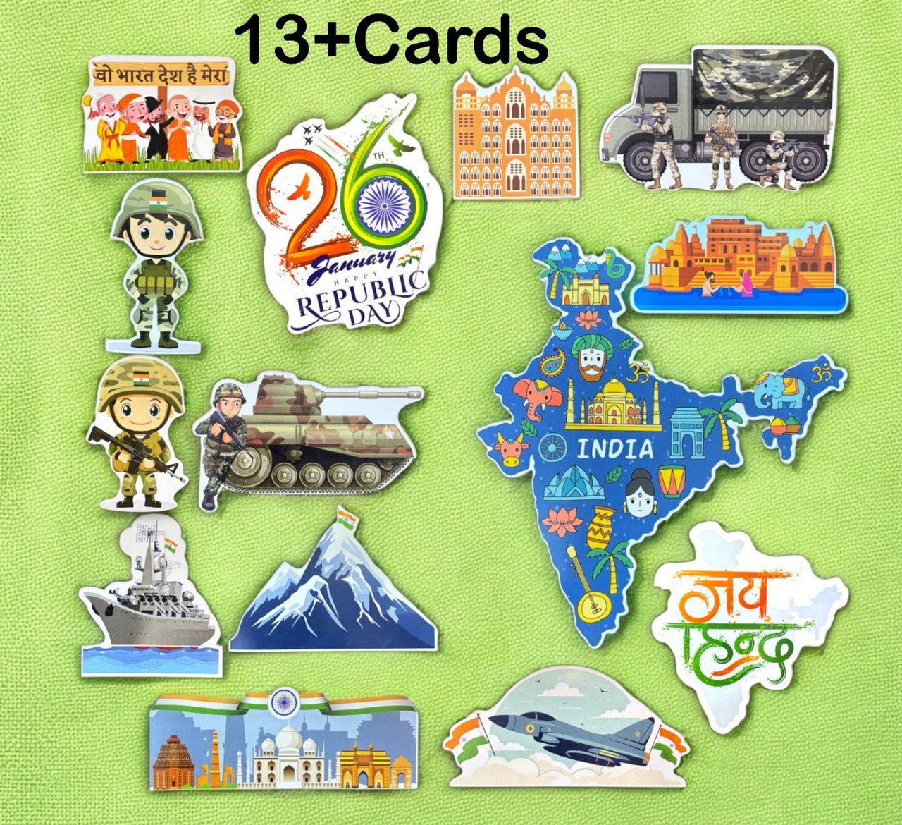 Collection of decorative cards featuring Indian landmarks and symbols on a green background.