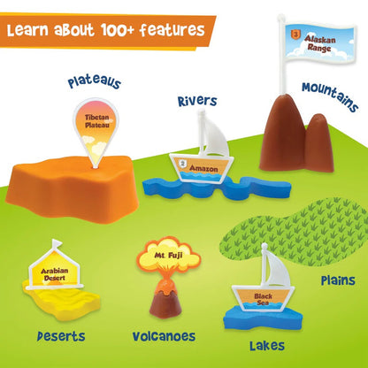 Educational toy set with various landforms and features labeled on a green base.
