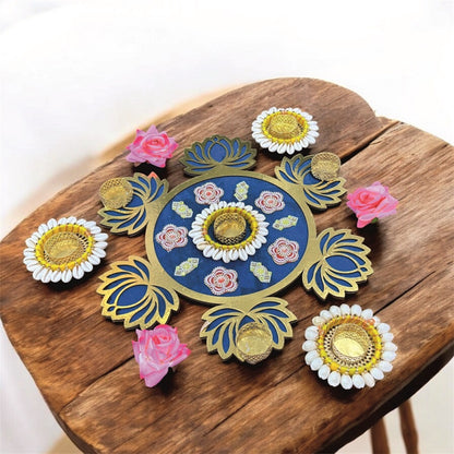Smaran Handcrafted Blue Lotus Rangoli Set with Cowrie Shell Diya – Traditional Festive Floor Décor for Diwali, Weddings & Pooja Ceremonies (Blue Lotus Rangoli Set)