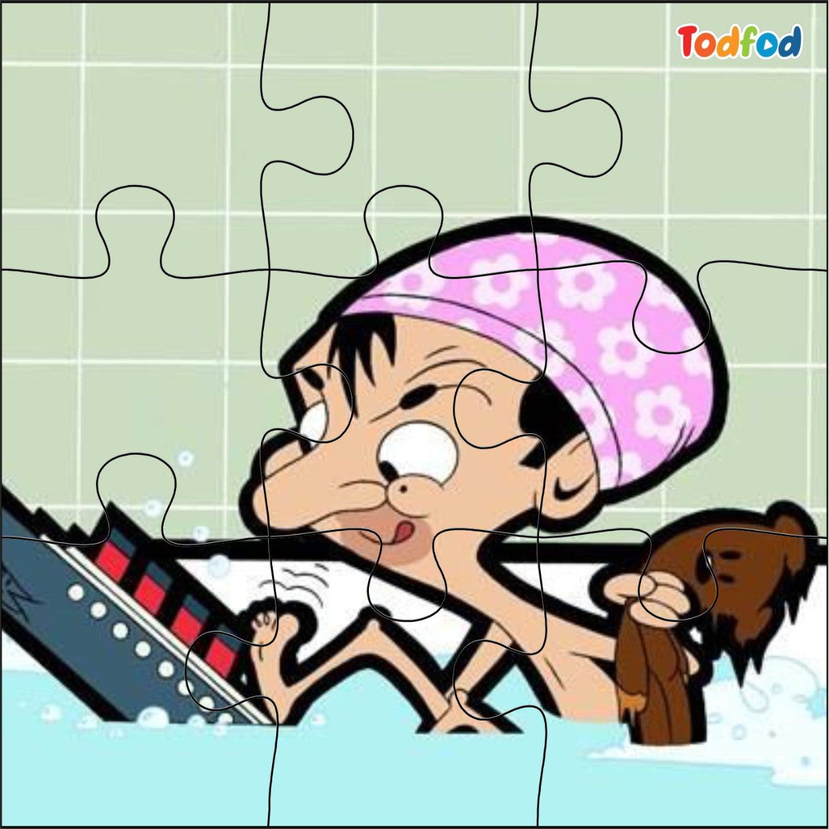 Cartoon character with a pink bandana and teddy bear on a puzzle with 'Todfod' branding.