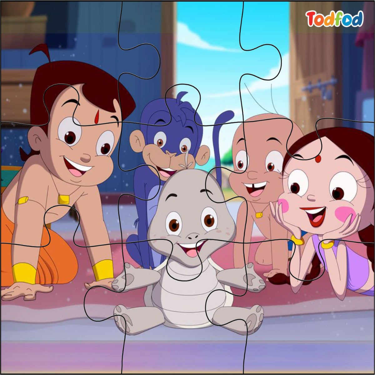 Cartoon characters from a children's show on a puzzle with 'Todfod' branding.