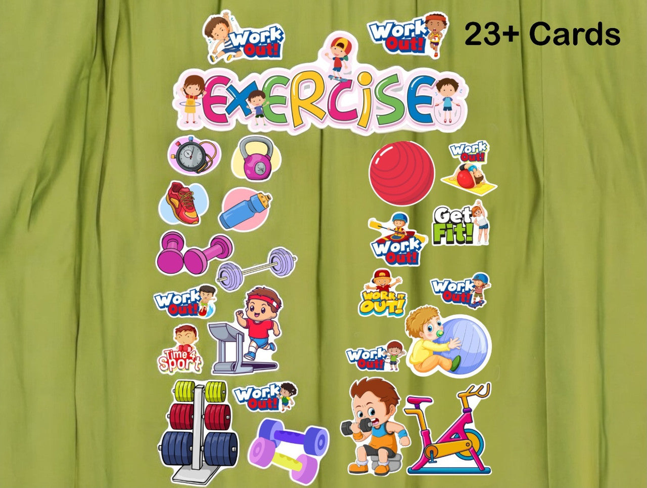 Collection of colorful exercise-themed cards on a green background