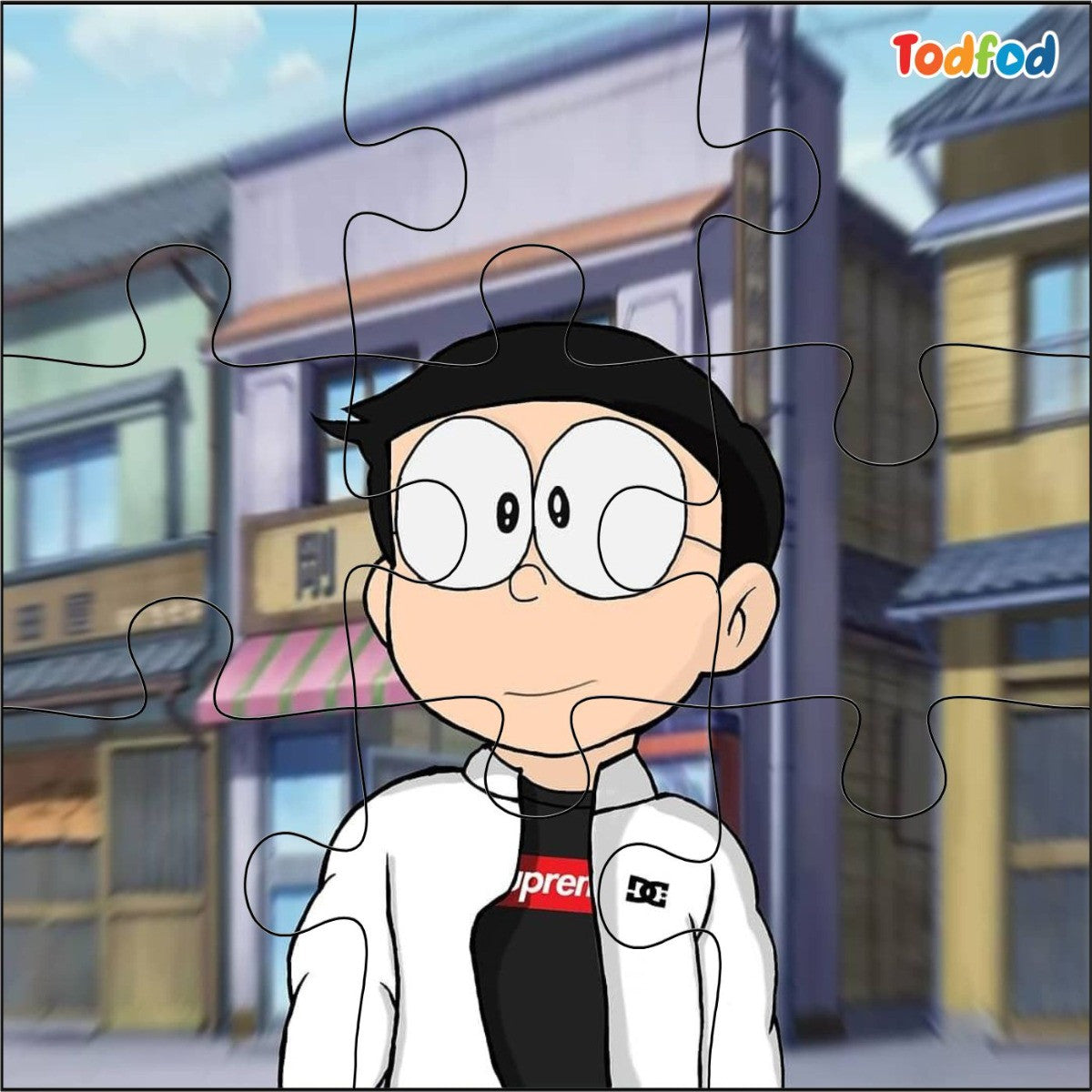 Cartoon character with a cityscape background, featuring the brand Todfod.