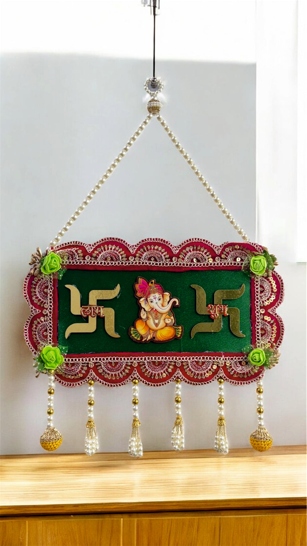 Smaran Cultural Ganesh Swastik Latkan – Handmade Traditional Decorative Hanging with Beads & Embellishments for Main Door, Wall, Pooja Room, Mandir, Festivals, Weddings